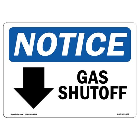 SIGNMISSION OSHA Notice Sign, 10" Height, 14" Width, Gas Shutoff [Down Arrow] Sign With Symbol, Landscape OS-NS-D-1014-L-13022